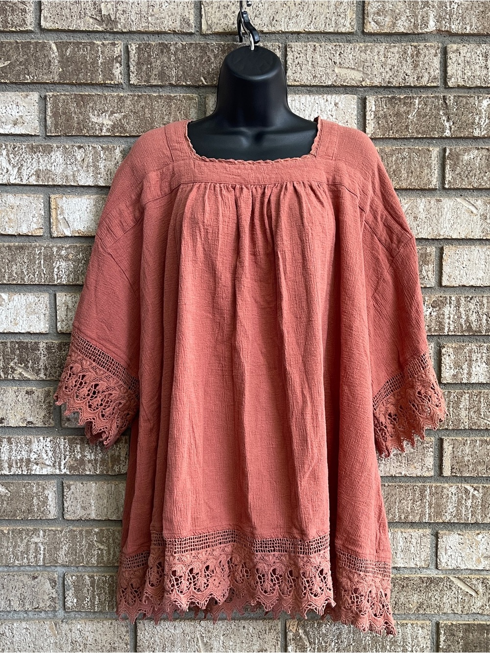 Free People Boho Oversized Tunic Crochet Lace Lagenlook Top Dusty Coral Sz Large